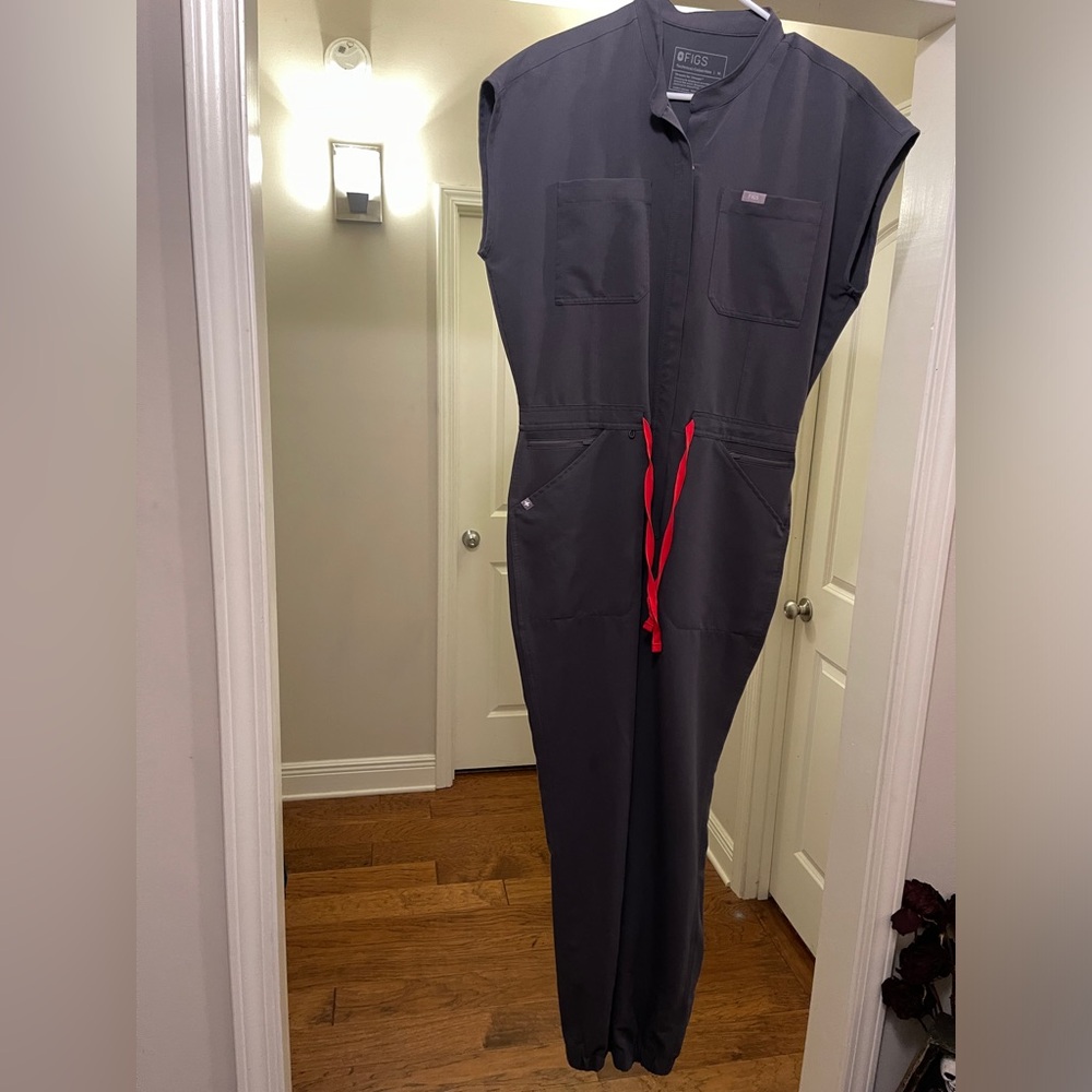 FIGS Jogger Jumpsuit - Rafaela Cargo Scrub. Charcoal with red details